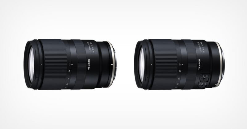 Two black Tamron camera lenses are displayed side by side on a white background, showing different angles and design features, including focusing rings and switches.