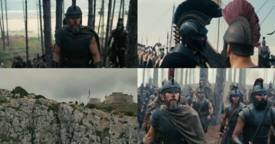 Four scenes from an ancient battle film: warriors in armor and helmets stand in a forest, two face off closely, soldiers gather, and fighters march past a rocky cliff with a fortress in the background.
