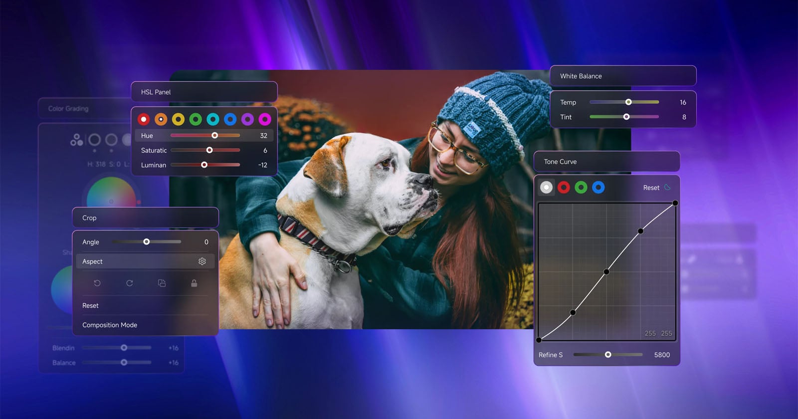 A woman in a blue beanie and glasses smiles at a white and brown dog. Editing panels for color grading, HSL, tone curve, crop, and white balance are overlaid on a purple, blurred background.