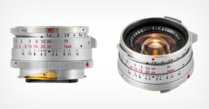 Two views of a silver camera lens with engraved distance and aperture markings; the left shows the side, the right shows the front with visible glass elements and "LEITZ LENS 1:1.4/35" text around the rim.