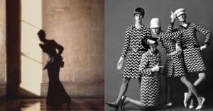 The image is split in two: on the left, a person in a long, elegant dress stands by a sunlit window; on the right, four people model bold, black-and-white zigzag-patterned outfits and hats against a plain backdrop.