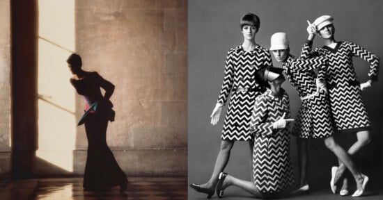 The image is split in two: on the left, a person in a long, elegant dress stands by a sunlit window; on the right, four people model bold, black-and-white zigzag-patterned outfits and hats against a plain backdrop.