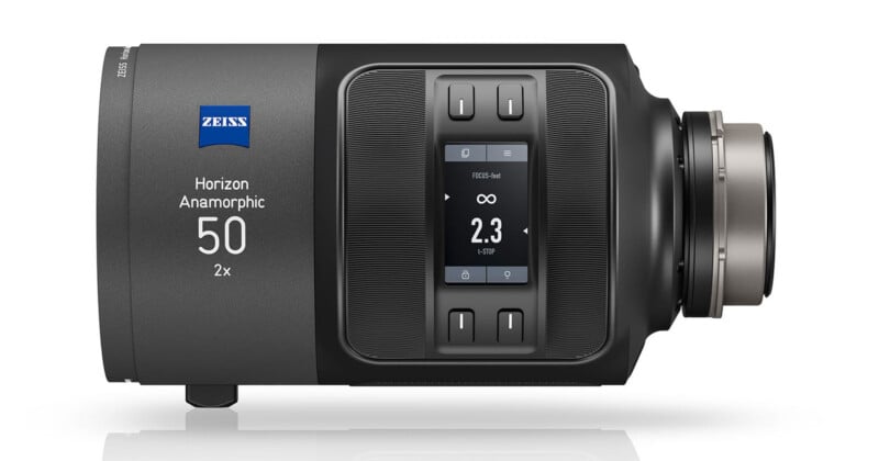 A ZEISS Horizon Anamorphic 50mm 2x lens is shown in side view, featuring a digital display with control buttons and a metallic lens mount against a white background.