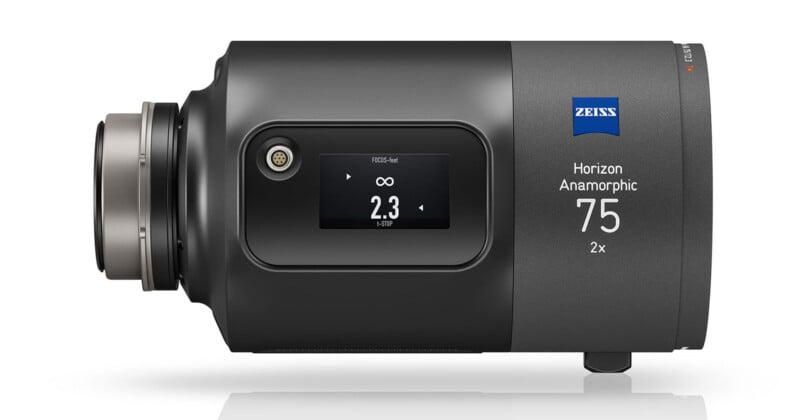 A Zeiss Horizon Anamorphic 75mm 2x camera lens is shown horizontally, featuring a digital display and branding on a sleek black body.