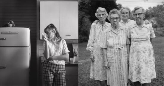 A girl stands in a kitchen by a fridge, looking to the side. Next to her, four elderly women in dresses pose together outdoors, standing closely in a grassy yard.