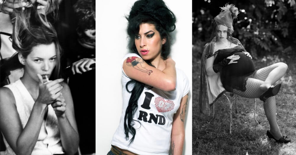 A triptych featuring Kate Moss lighting a cigarette, Amy Winehouse wearing an "I Love RND" shirt, and a pregnant Helena Bonham Carter.