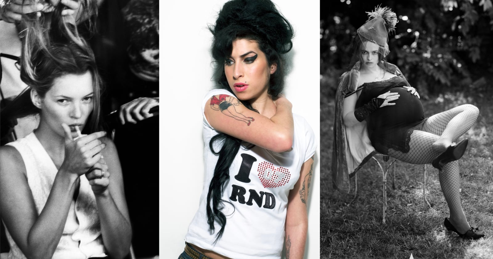 A triptych featuring Kate Moss lighting a cigarette, Amy Winehouse wearing an "I Love RND" shirt, and a pregnant Helena Bonham Carter.
