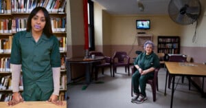 Two women in green uniforms: one stands in front of bookshelves, the other sits alone in a common room with a TV, fan, tables, chairs, and more bookshelves. Both appear to be in an institutional setting.