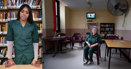 Two women in green uniforms: one stands in front of bookshelves, the other sits alone in a common room with a TV, fan, tables, chairs, and more bookshelves. Both appear to be in an institutional setting.