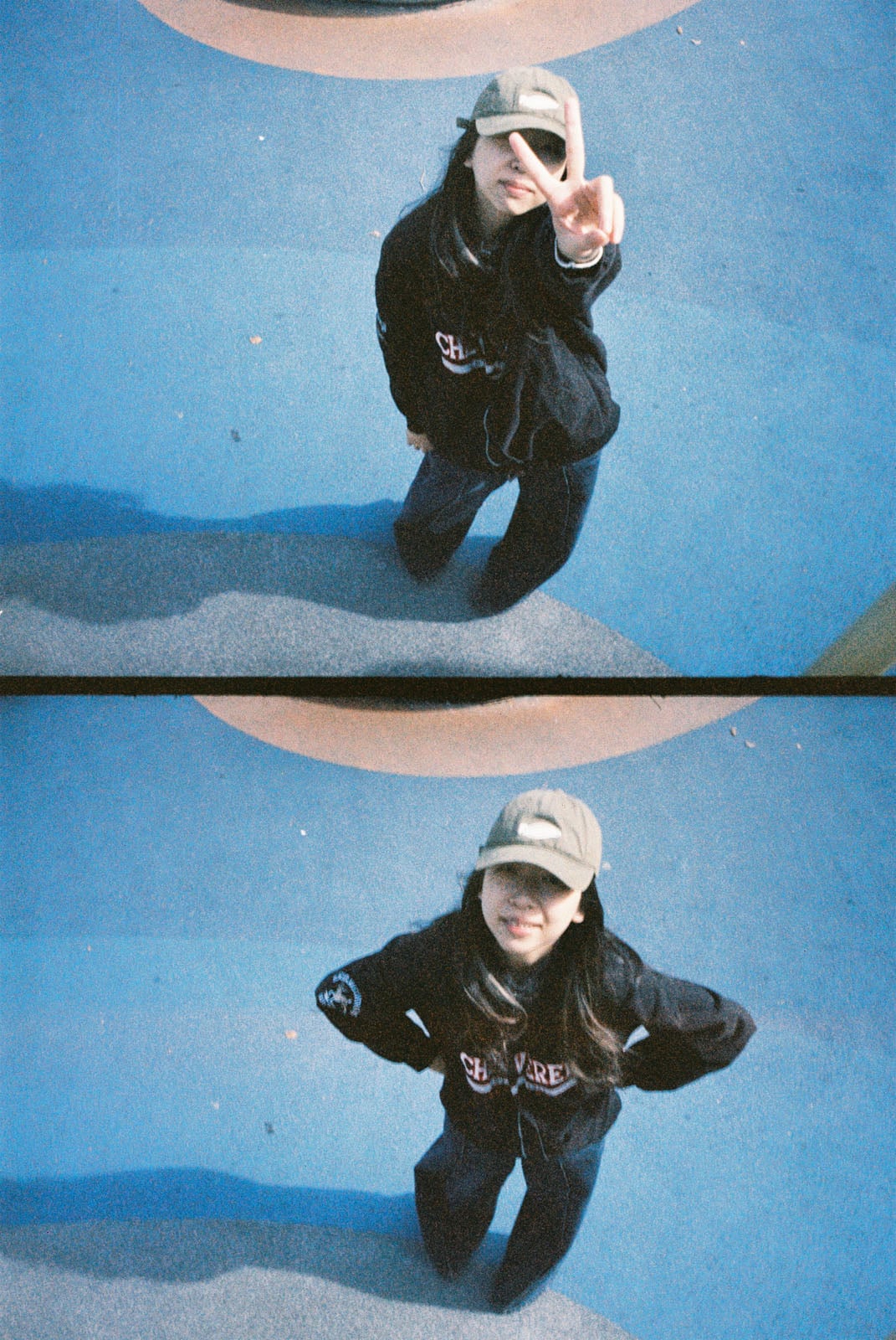 A person in a cap and dark clothes poses on blue pavement, making a peace sign in the top photo and smiling with hands on hips in the bottom photo. The images are vertically stacked.