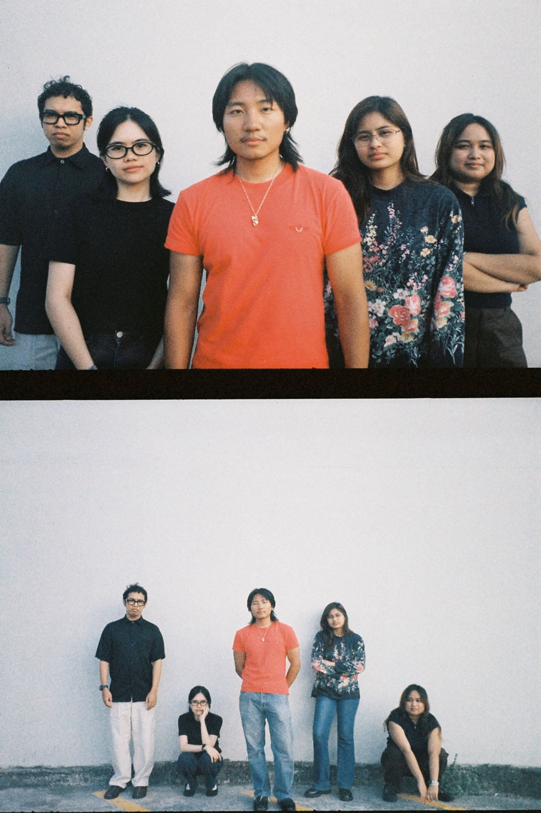 Two photos of five people in front of a white wall: in the top, they stand close together; in the bottom, they are spaced apart, with some sitting and some standing, all looking at the camera.