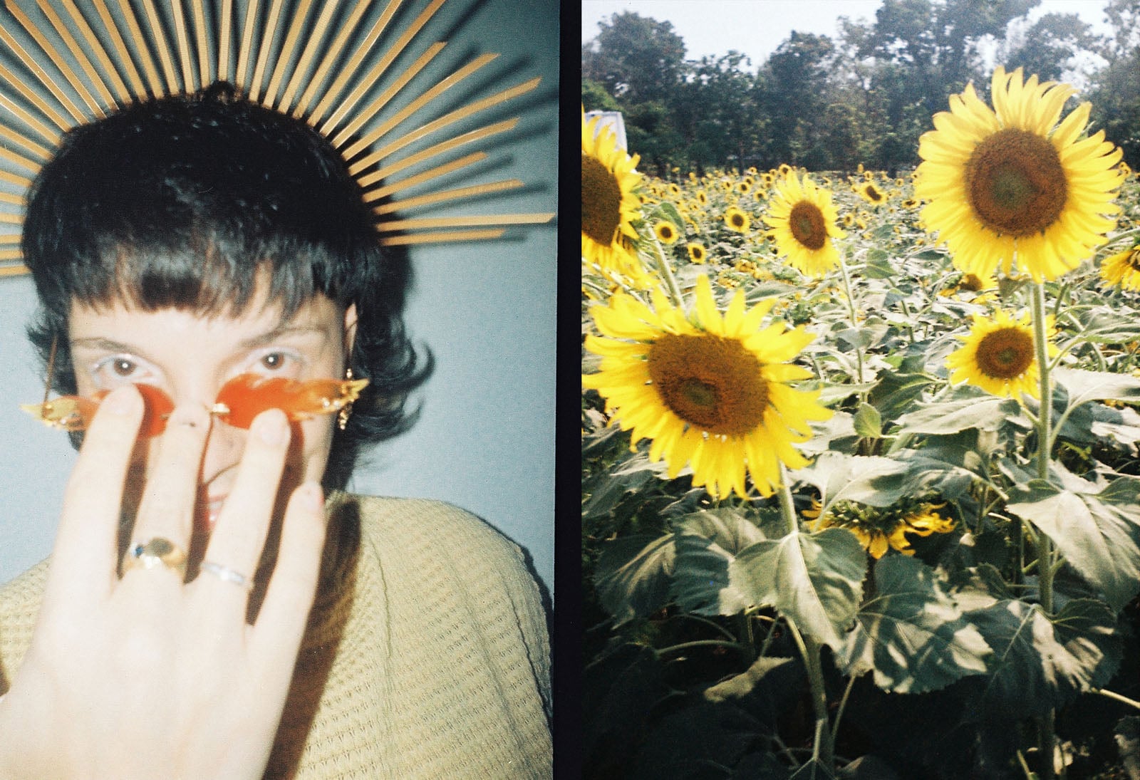 Left: Person with a spiky headpiece, holding red glasses to their eyes. Right: A vibrant field of blooming sunflowers under a clear sky.