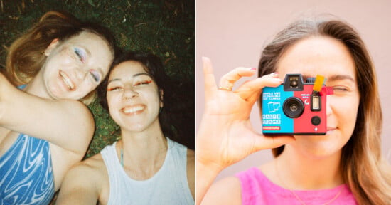 Left: Two women lying on grass, smiling for a selfie. Right: A woman holds a colorful camera up to her eye, about to take a photo.