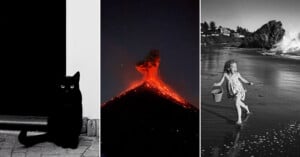 A three-part image: a black cat sits against a black and white background, a volcano erupts at night with glowing lava, and a young girl runs barefoot on a beach carrying a bucket with waves crashing nearby.