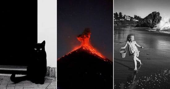 A three-part image: a black cat sits against a black and white background, a volcano erupts at night with glowing lava, and a young girl runs barefoot on a beach carrying a bucket with waves crashing nearby.