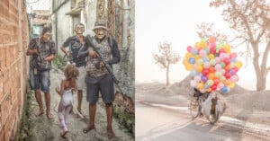 On the left, masked people with guns confront a young girl in an alley. On the right, a person rides a bicycle overloaded with colorful balloons along a dusty road with trees.
