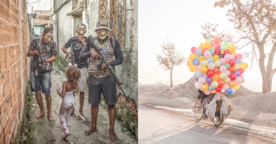 On the left, masked people with guns confront a young girl in an alley. On the right, a person rides a bicycle overloaded with colorful balloons along a dusty road with trees.