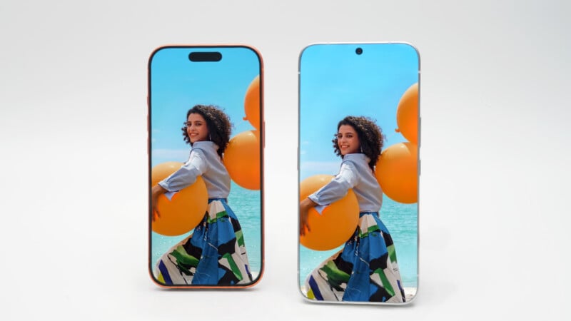 Two smartphones stand side-by-side against a plain white background, both displaying the same image of a woman holding large orange balloons on a beach.