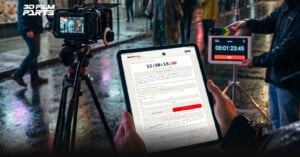 A person holds a tablet displaying a film production form on a rainy street set, with a camera on a tripod and a clapperboard in the background. "3D FILM PARTS" is visible in the top left corner.