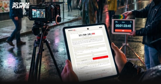 A person holds a tablet displaying a film production form on a rainy street set, with a camera on a tripod and a clapperboard in the background. "3D FILM PARTS" is visible in the top left corner.