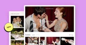 A couple laughs while sharing cake at a wedding. The screen shows a wedding photography website with other event photos and a "NEW" label on the side.