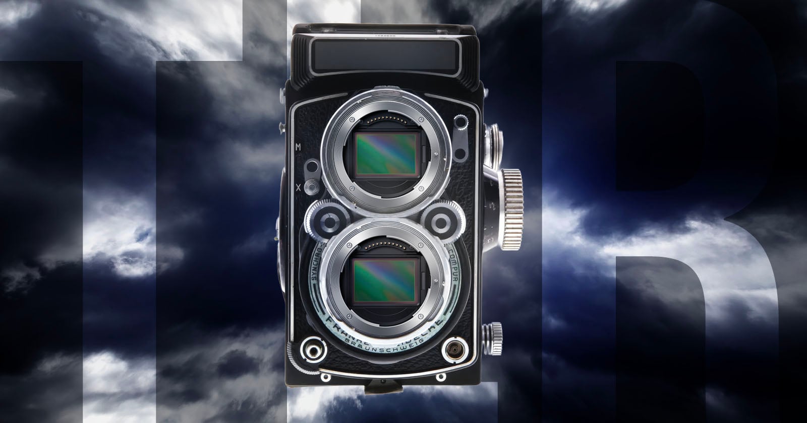 A vintage twin-lens camera with two visible digital sensors is set against a dramatic, cloudy sky background with large, partially visible letters "HR" in dark gray.