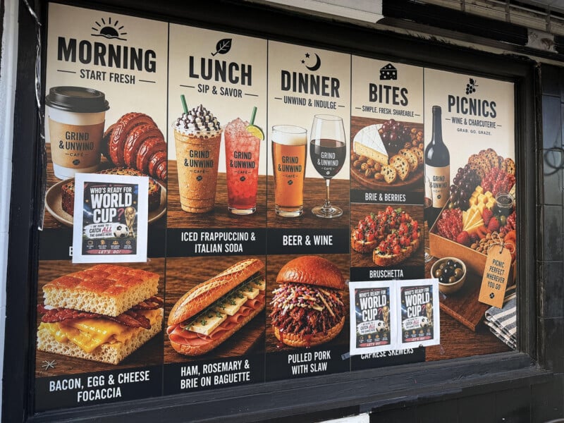  breakfast focaccia, Italian soda, baguette sandwich, pulled pork, beer, brie and berries, bruschetta, picnic platters, and World Cup promotion, all with images of the dishes and drinks.