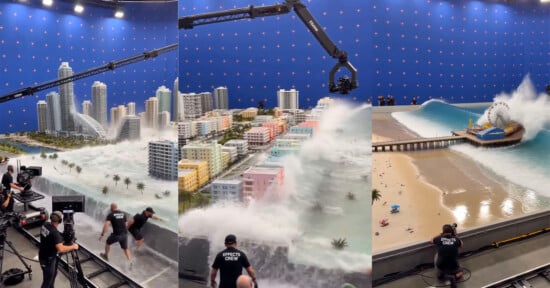 A three-panel composite shows a film crew using a camera crane to film a miniature model of a city being hit by a large wave.