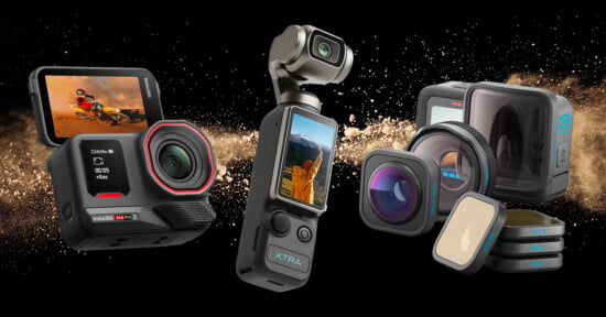 Three action cameras are shown with different lenses and filters, set against a black background with a gold dust effect. Each camera displays an adventurous outdoor scene on its screen.