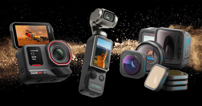 Three action cameras are shown with different lenses and filters, set against a black background with a gold dust effect. Each camera displays an adventurous outdoor scene on its screen.