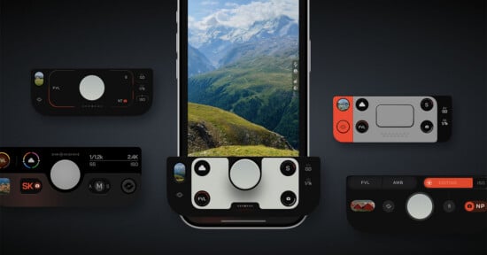 A smartphone displaying a mountain landscape is surrounded by various camera control interface designs featuring dials, buttons, and sliders for photo settings.