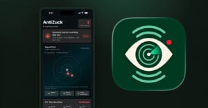 A smartphone screen displays the AntiZuck app interface with alerts and a radar graphic. Next to it is the app's green icon featuring an eye with circular waves and a red dot.