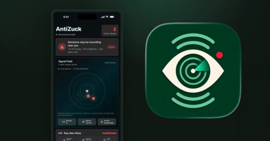 A smartphone screen displays the AntiZuck app interface with alerts and a radar graphic. Next to it is the app's green icon featuring an eye with circular waves and a red dot.