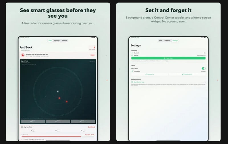  the left shows a radar detecting smart glasses nearby; the right displays settings for alerts, scanning options, and recent devices. Text above highlights privacy protection by detecting camera glasses.