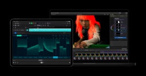 An iPad and a MacBook are shown side by side. The iPad displays an audio editing interface, while the MacBook shows a video editing program with a highlighted subject and timeline. Both screens are against a black background.