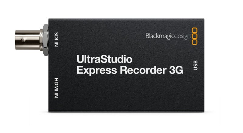 A black UltraStudio Express Recorder 3G device by Blackmagic Design, showing SDI IN, HDMI IN, USB ports, and branding on the top surface.