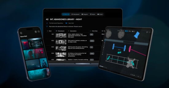 A smartphone, a laptop, and a tablet displaying film production planning software, including shot lists, storyboards, and lighting diagrams.