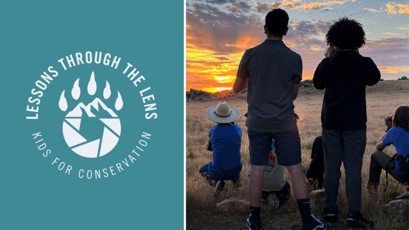 A group of kids watch a vibrant sunset in a field, some taking photos. Next to them is a logo that reads “Lessons Through the Lens: Kids for Conservation” with a mountain and water drop graphic.