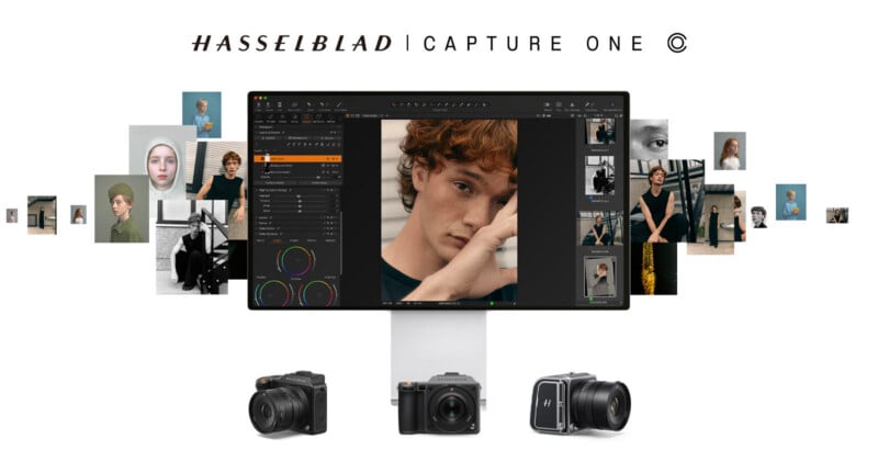 A computer monitor displays photo editing software with a portrait of a young man. Surrounding the monitor are various portrait photos, and below it are three Hasselblad cameras. The text reads "HASSELBLAD CAPTURE ONE.