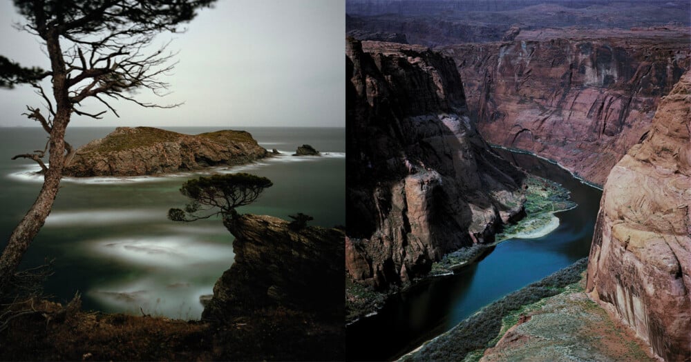 Split image: Left, a misty coastal scene with rocky island and silhouetted trees. Right, a winding river cuts through steep, reddish canyon walls.