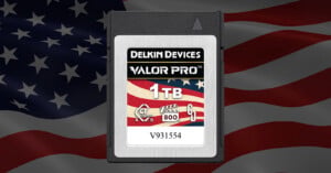 A Delkin Devices VALOR PRO 1TB CFexpress memory card with an American flag background; the card features icons for CFexpress, VPG 800, and a unique serial number V931554.