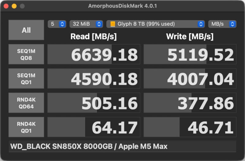 Benchmark results window showing disk read and write speeds in MB/s for a WD_BLACK SN850X 8TB on an Apple M5 Max. Read: up to 6639; Write: up to 5119. Random speeds and other details are also displayed.