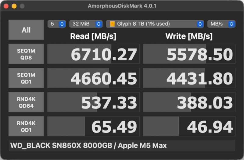 Disk speed test results for WD_BLACK SN850X 8000GB on Apple M5 Max: Read up to 6710.27 MB/s, Write up to 5578.50 MB/s. Shows sequential and random read/write speeds with various queue depths.
