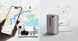 A hand holds a smartphone displaying a map route; nearby, a camera sits on a table. Right: A tracking device and phone screen show its location on a detailed map.