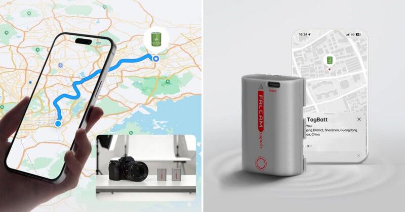  A tracking device and phone screen show its location on a detailed map.