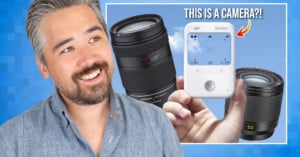 A smiling man stands in front of a graphic featuring two camera lenses and a hand holding a small white camera device. Text reads, “This is a camera?!” with an arrow pointing to the device.