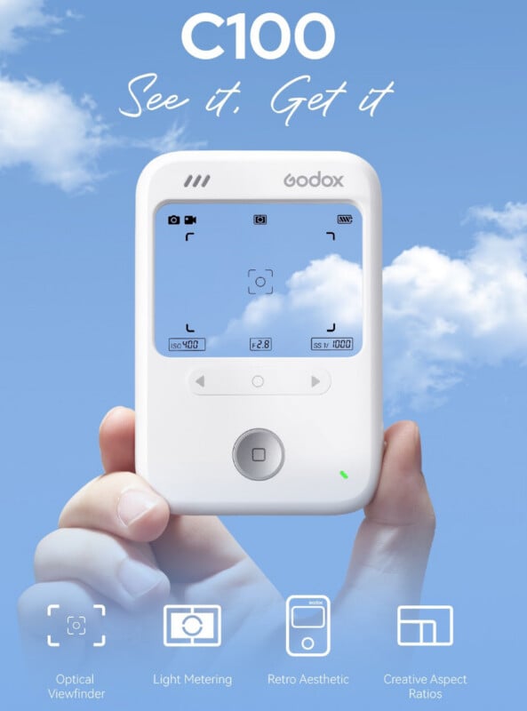 A white Godox C100 camera is held up against a blue sky with clouds. Display icons highlight features: optical viewfinder, light metering, retro aesthetic, and creative aspect ratios.