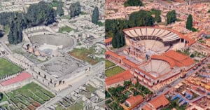 A split-screen view comparing the current ruins of the Pompeii theater district on the left with a digital reconstruction on the right.