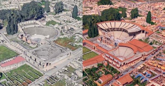 A split-screen view comparing the current ruins of the Pompeii theater district on the left with a digital reconstruction on the right.