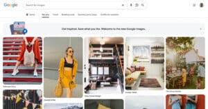 A screenshot of Google Images showing a "For you" tab with a selection of lifestyle, fashion, home decor, and travel photos arranged in a Pinterest-style grid layout.